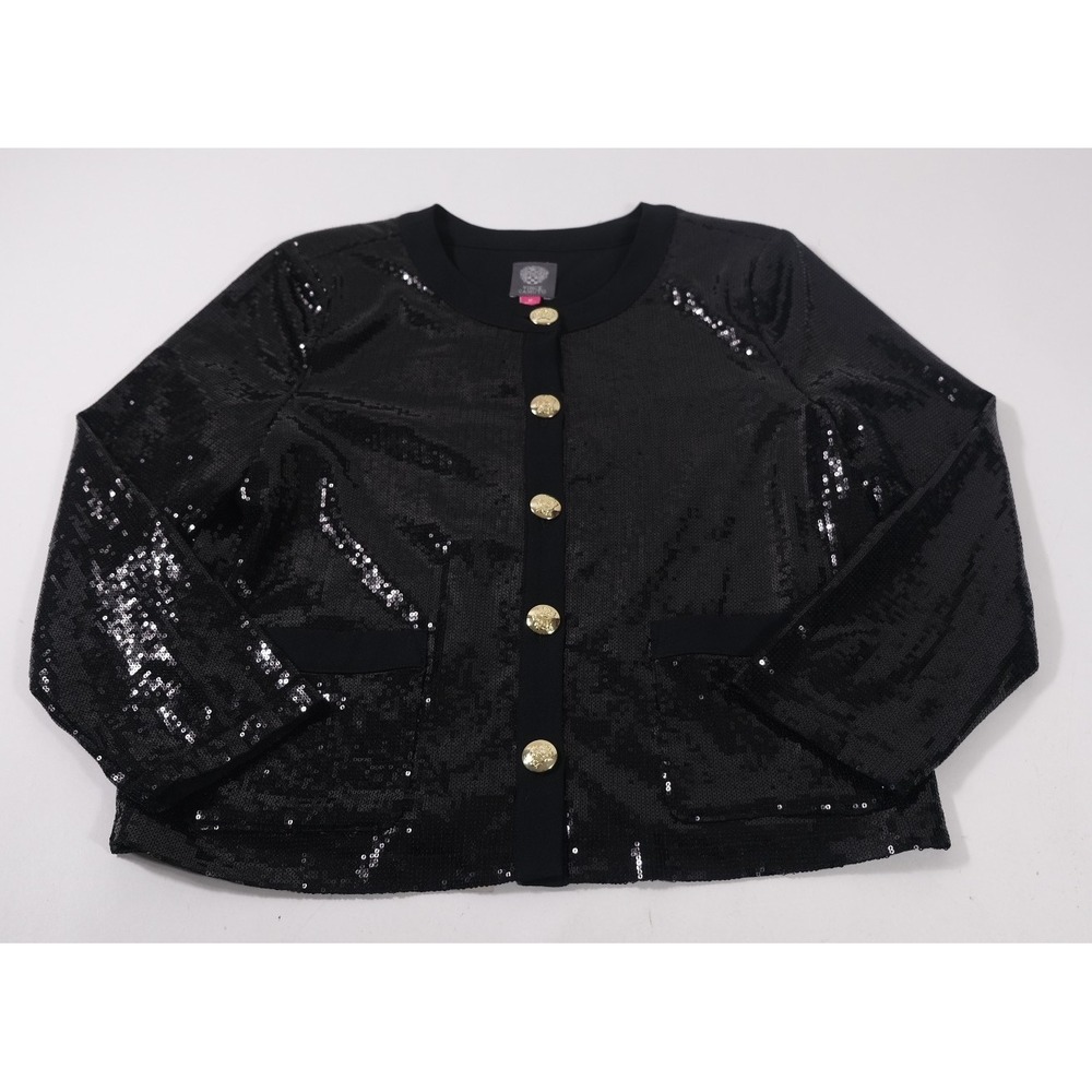 Vince Camuto Jacket Womens 12 Black Sequin Button Front Gold Crest Holiday Party